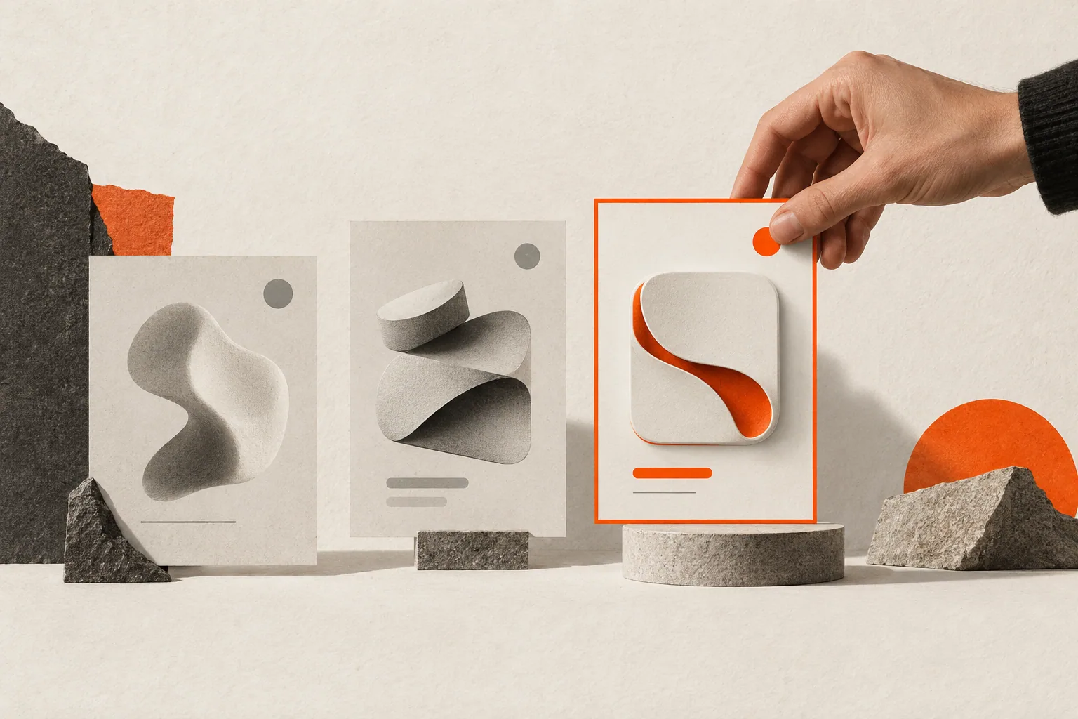 A designer selecting one of three abstract AI-generated interface ideas and marking it in orange