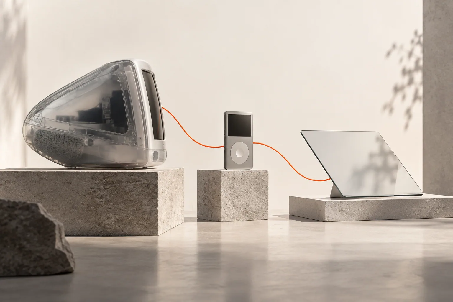 Three unbranded technology forms, from a translucent desktop silhouette to a pocket music device and a glass touch surface