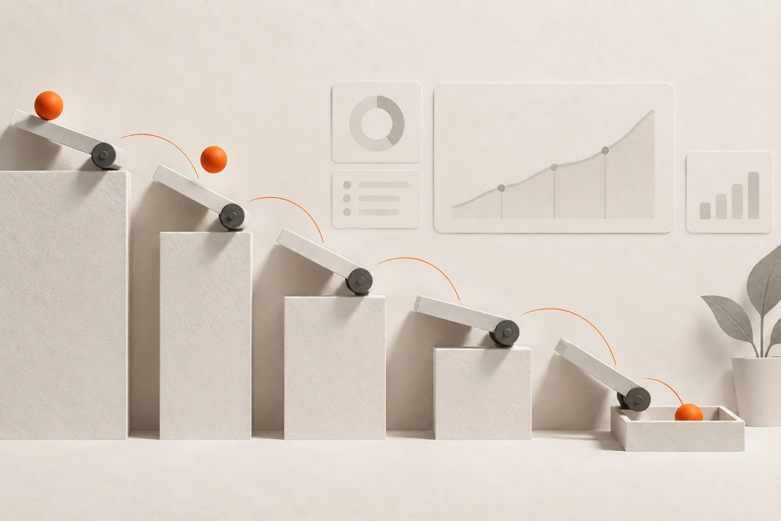 Five abstract levers guiding orange balls through a SaaS product system
