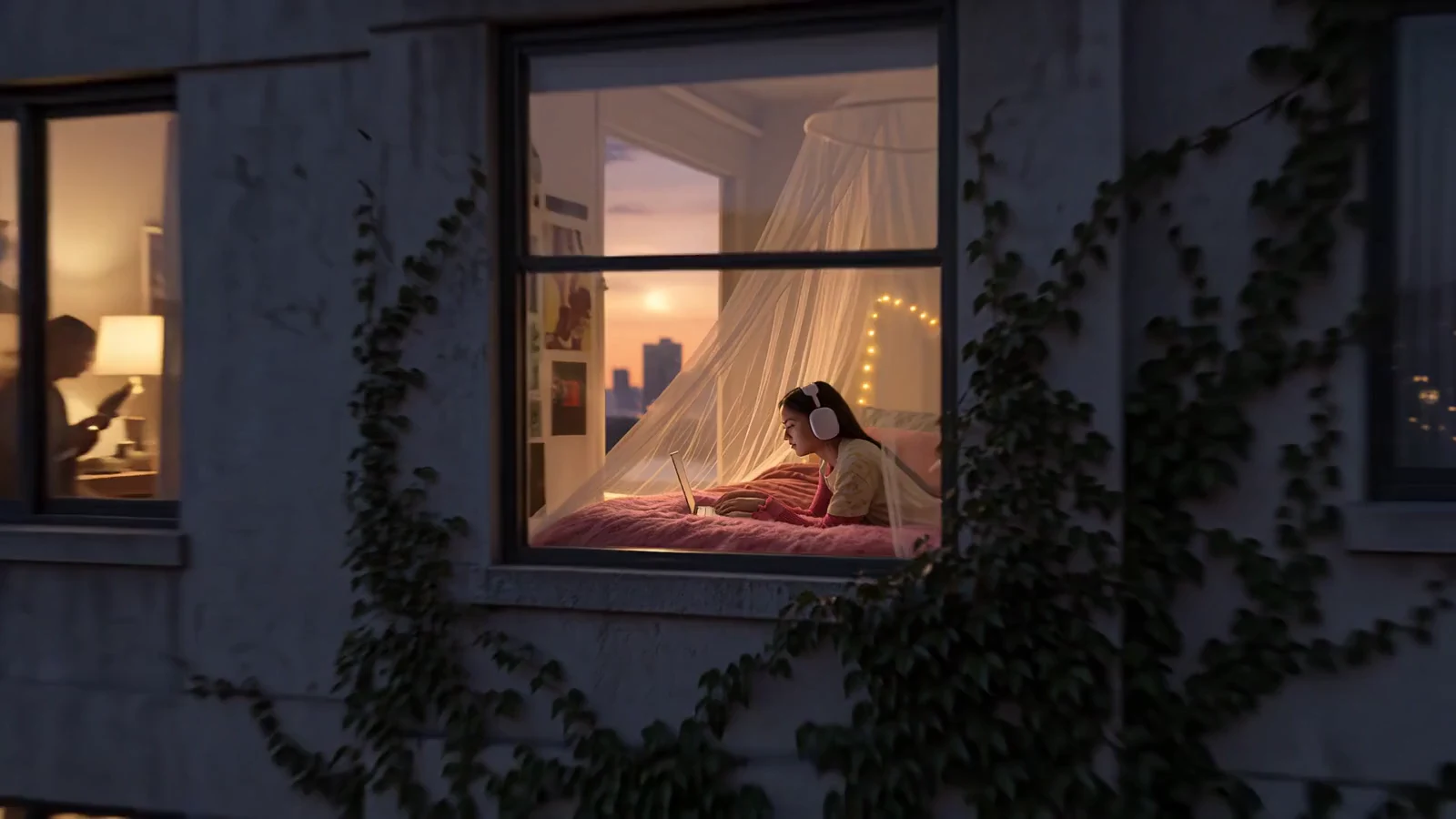 A warm room recedes into the city and a distant Earth.