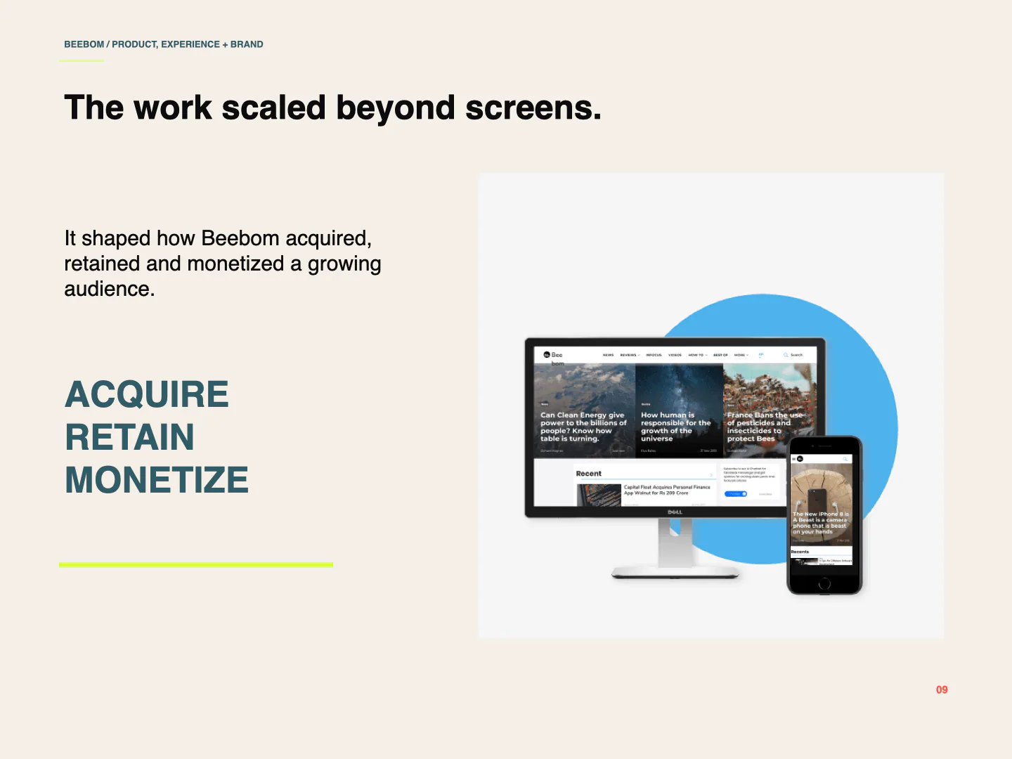 Beebom product shown across desktop, tablet and phone