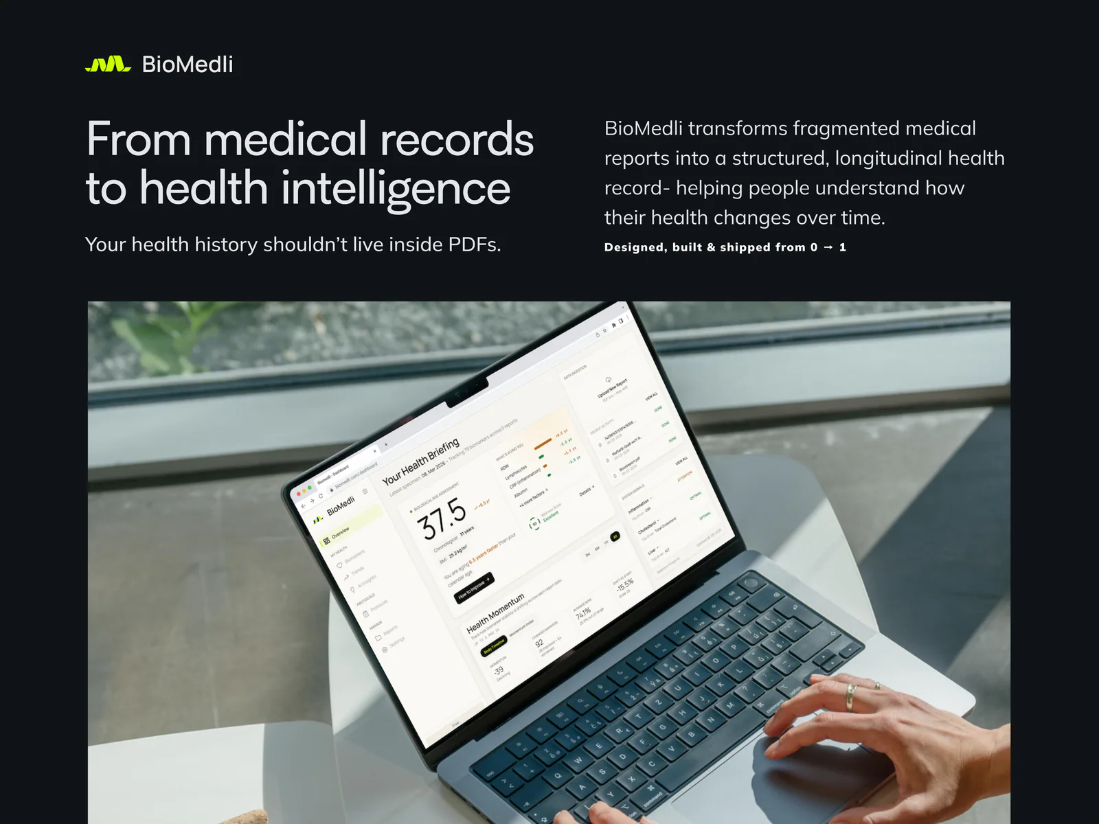 BioMedli product introduction with health timeline on a laptop