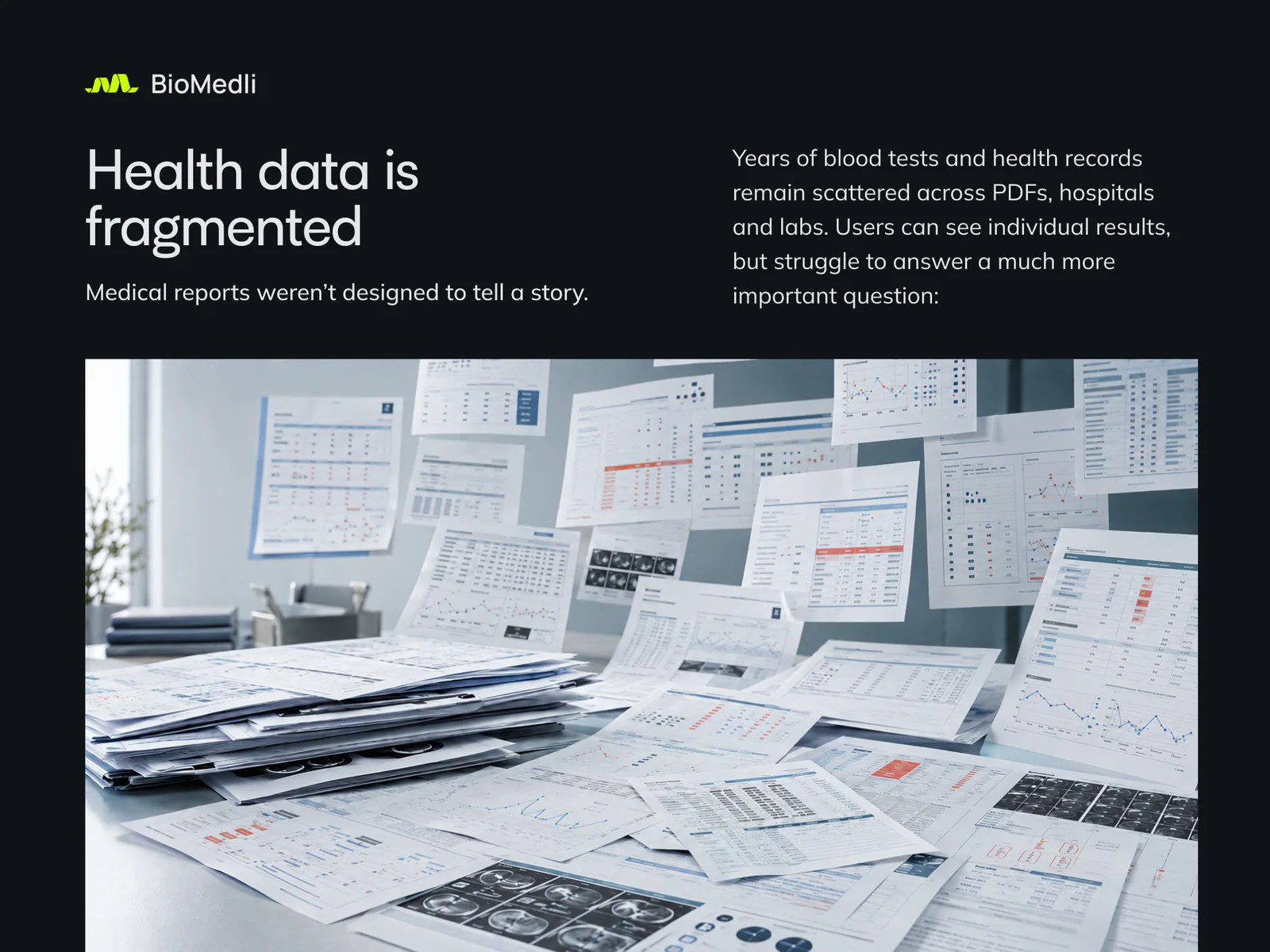 Fragmented medical records spread across a desk