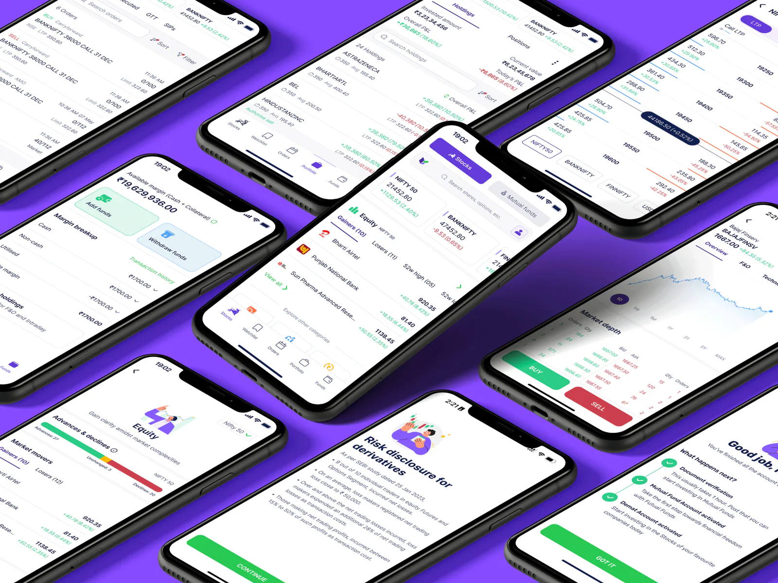 Fisdom investing product shown across a field of mobile screens