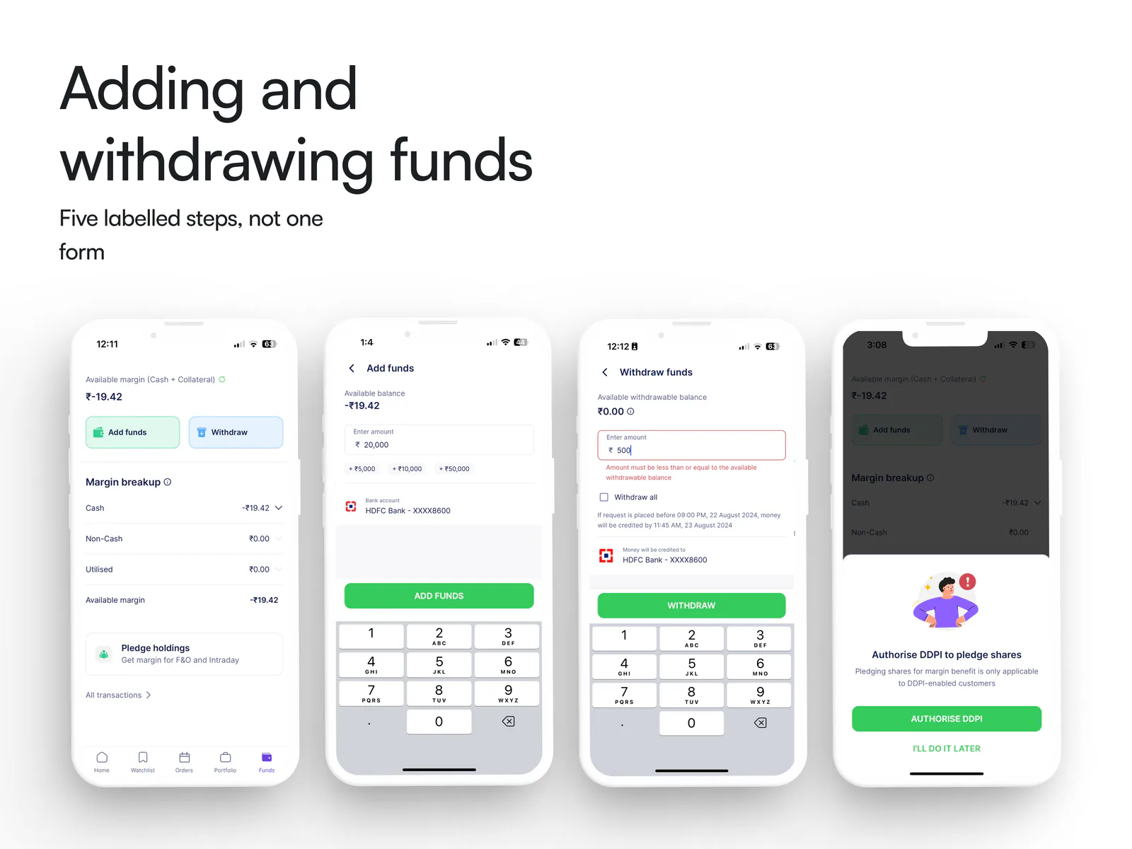 Fisdom add-funds screens with amount, bank and confirmation states