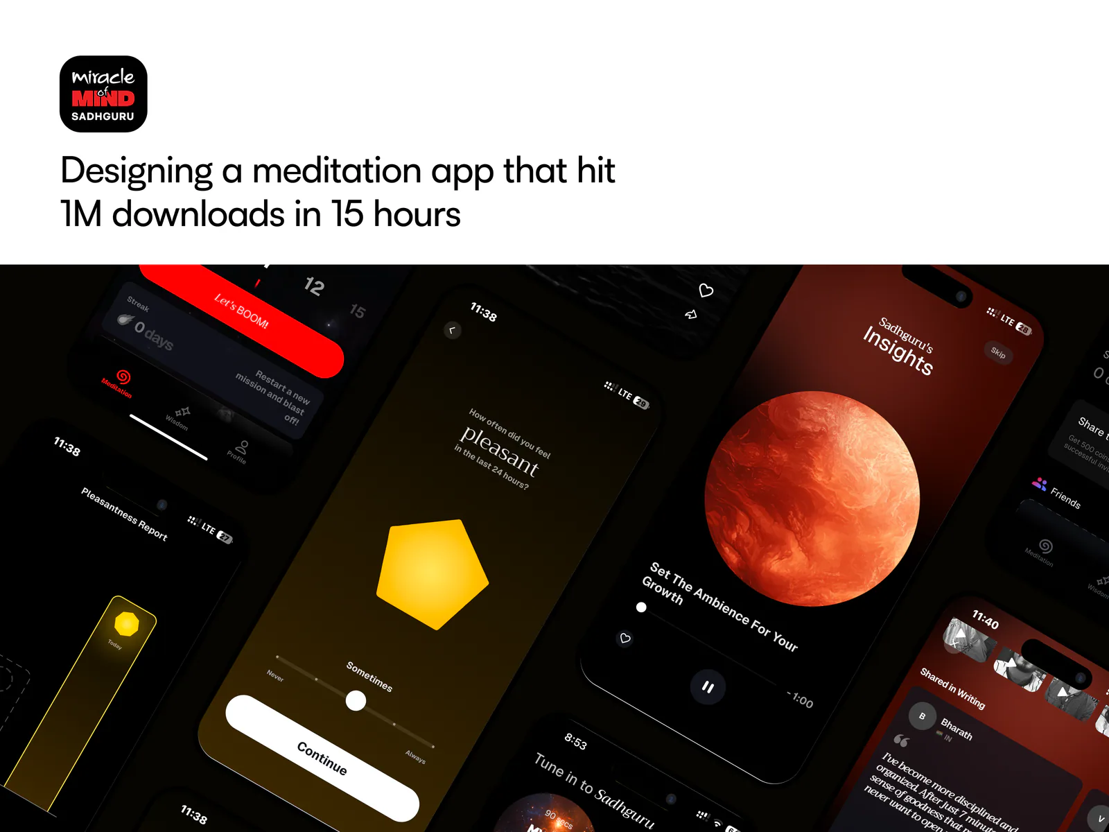 Miracle of Mind meditation experience across dark cosmic mobile screens