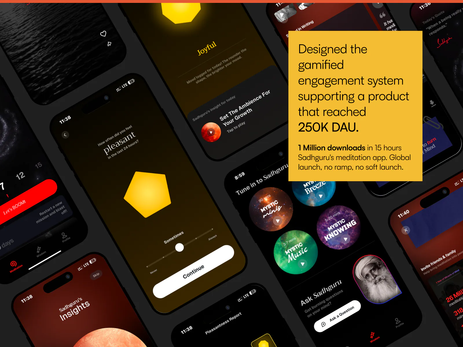 Miracle of Mind mobile screens showing the meditation journey and progression system
