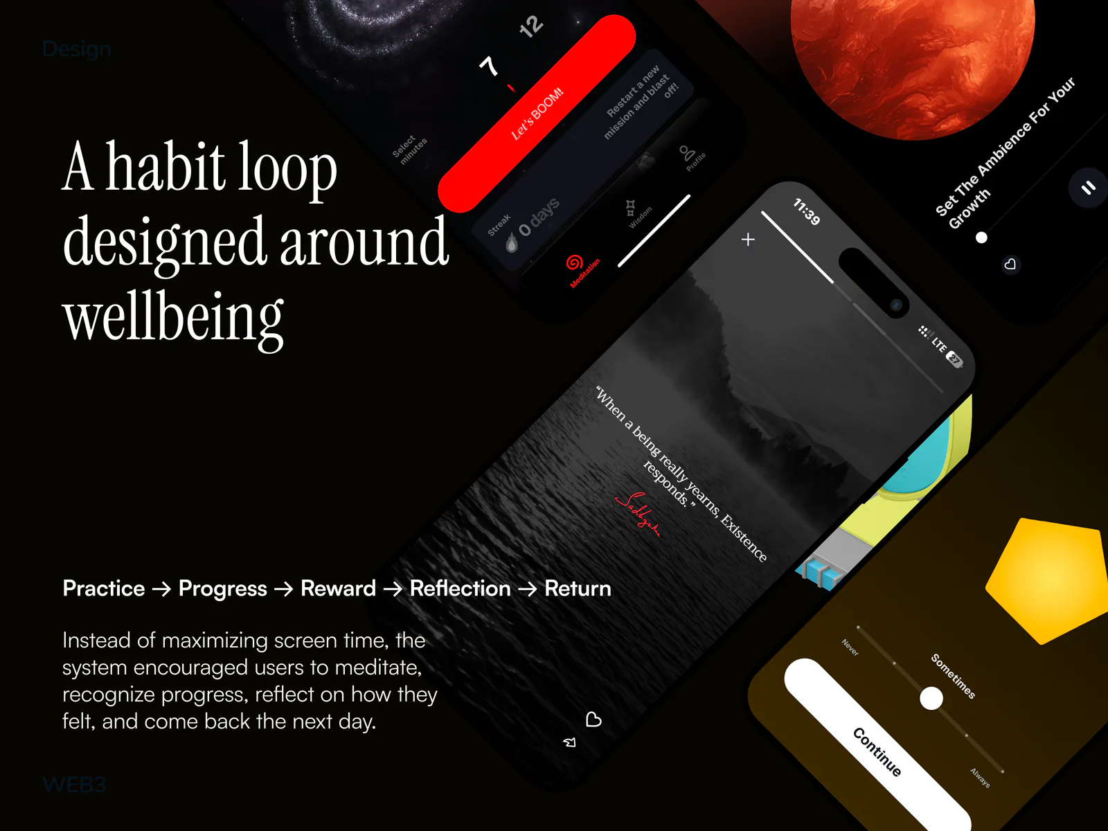 Miracle of Mind habit loop shown across meditation, progress and reflection screens