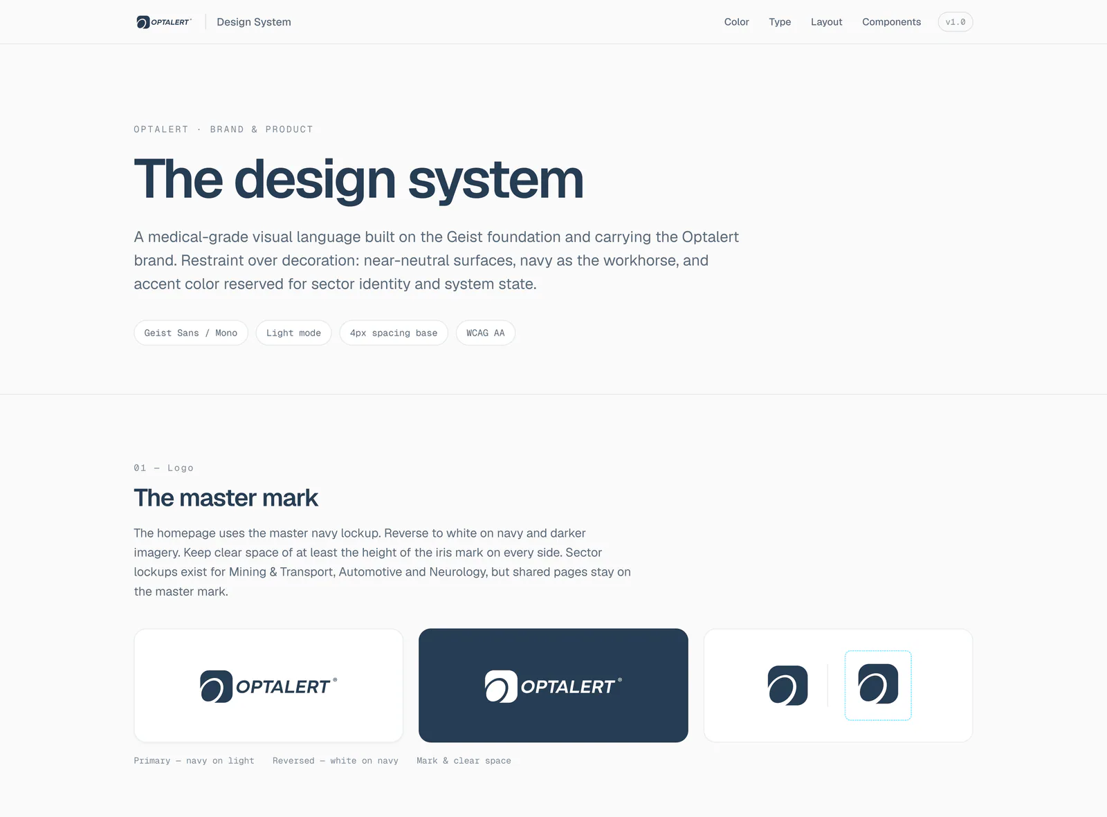 Optalert design system overview and master mark
